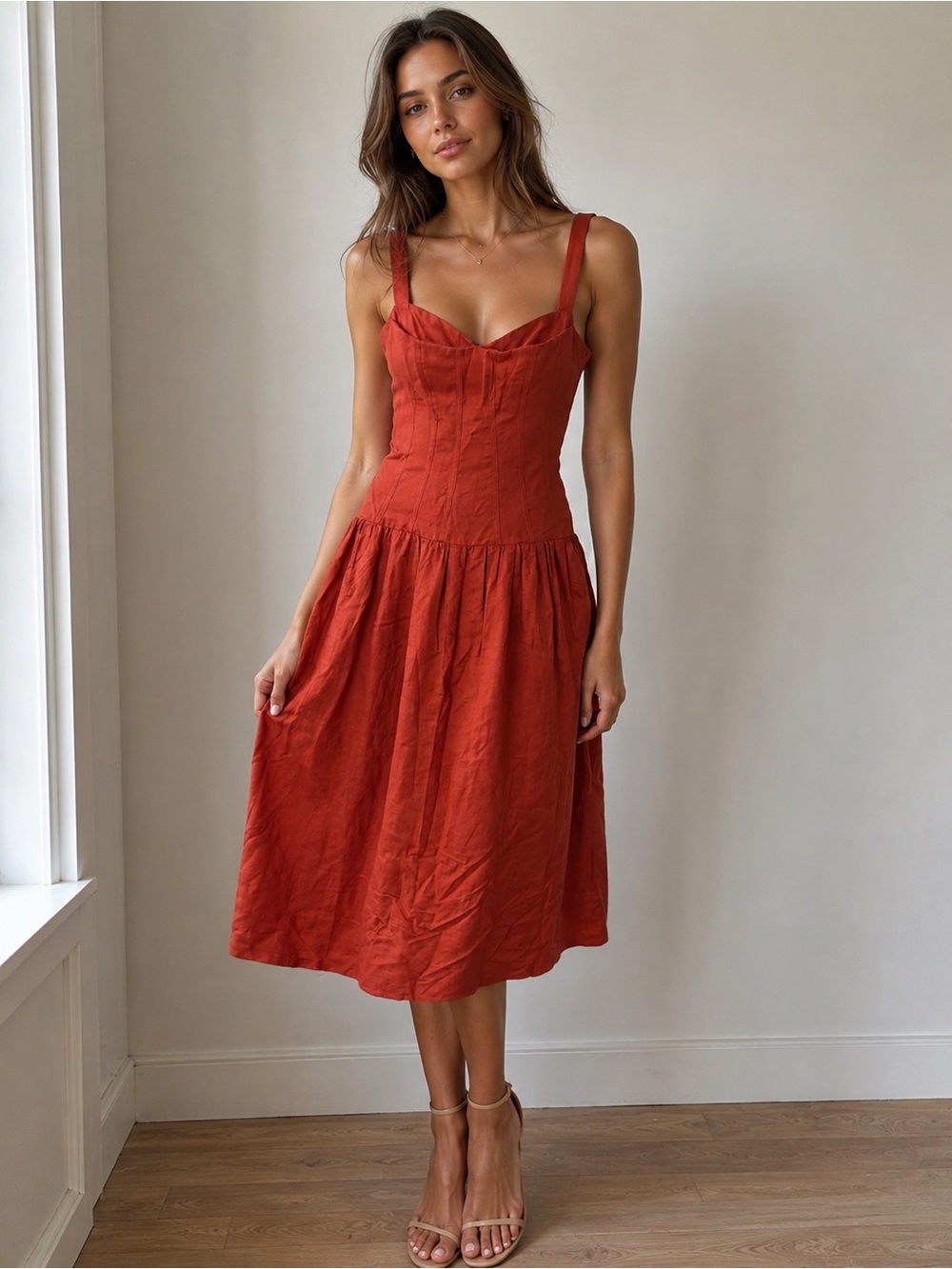 NICHOLAS Rust Orange Midi Dress with Sweetheart Neckline